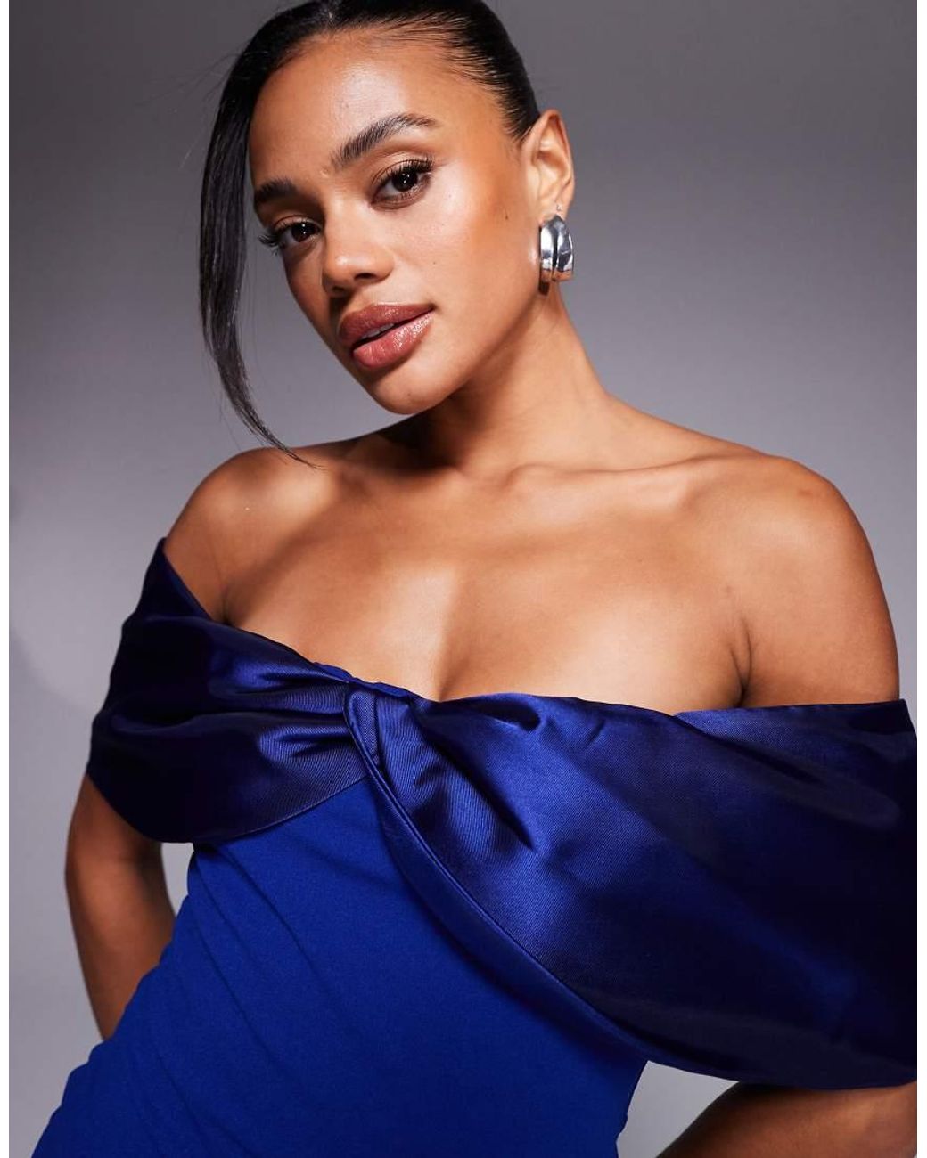Goddiva Blue Twist Knot Satin Bardot Maxi Dress