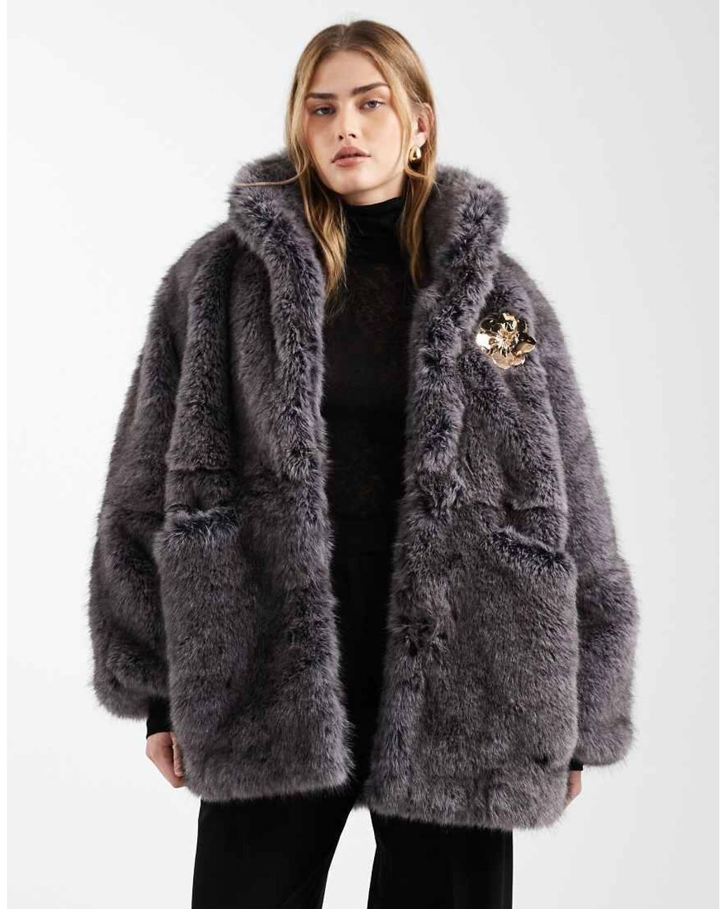 ASOS Black Vintage 80s Faux Fur Jacket With Gold Brooch Detailing