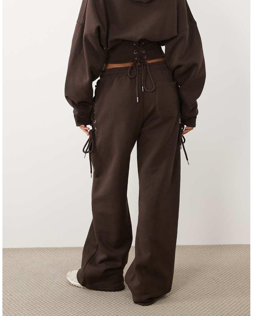 Kaiia Brown Cotton Rich Lace Up Side Detail Wide Leg joggers Co-ord