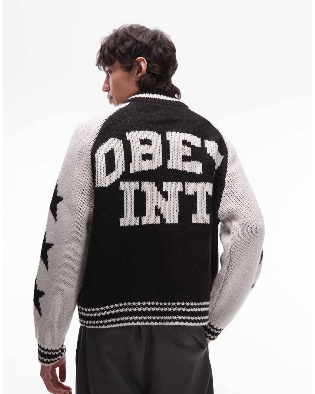 Obey Gray Cowichan Knitted Jacket With Back Print Logo for men