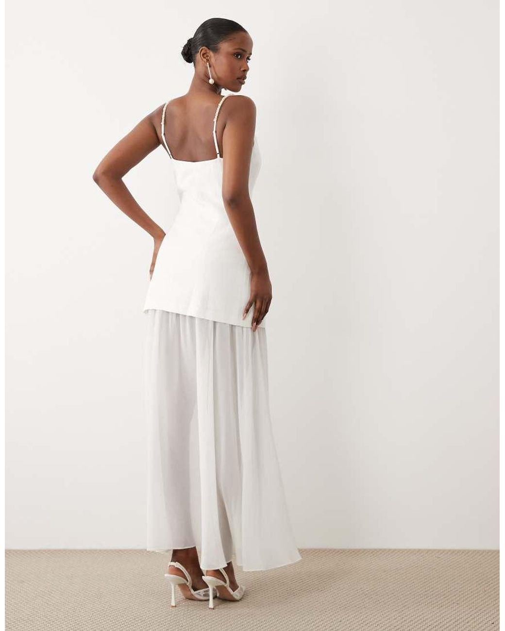 Forever New Natural Linen Mix Mesh Skirt Pearl Strap Maxi Dress