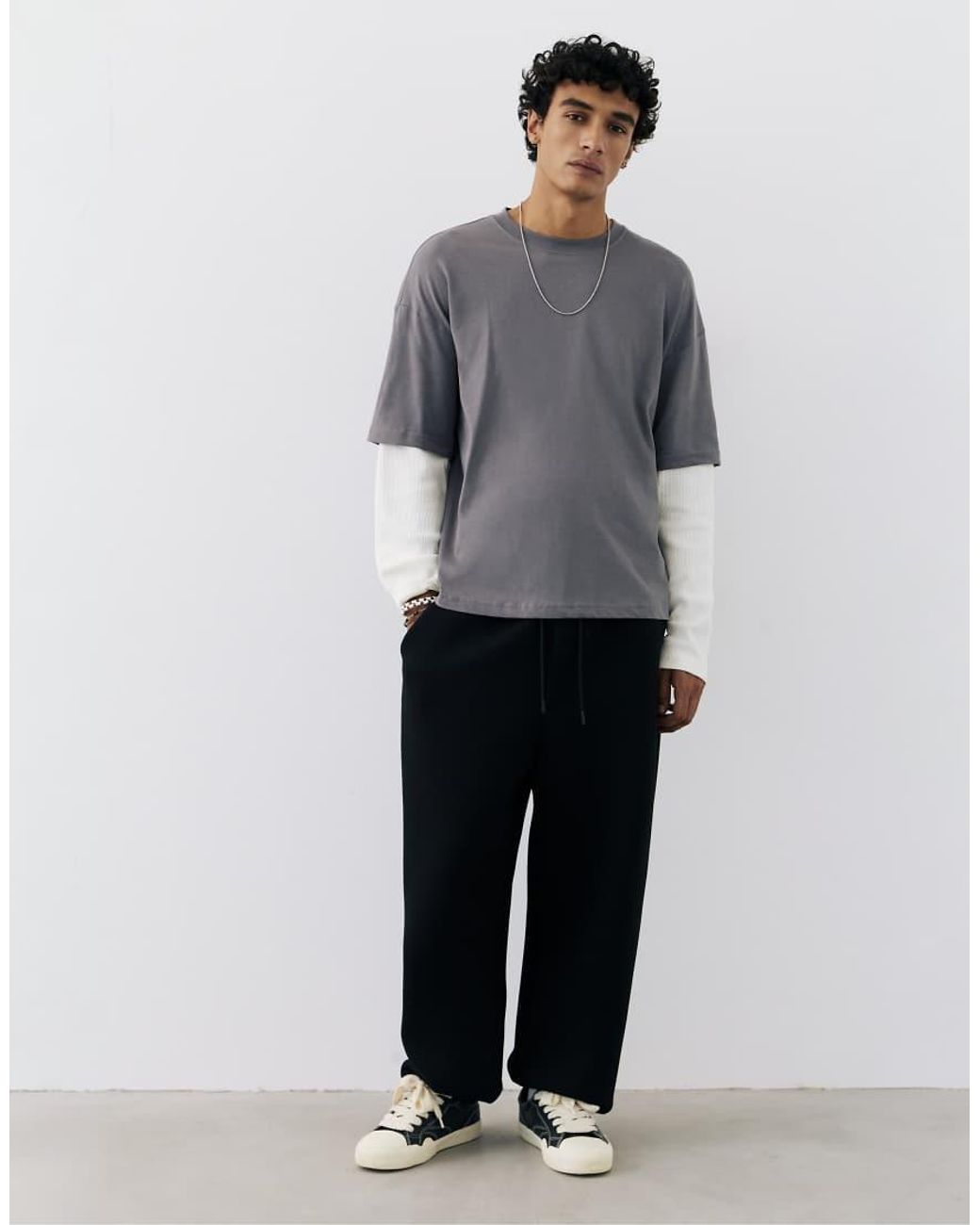 Pull&Bear Gray Double Long Sleeve T-shirt for men
