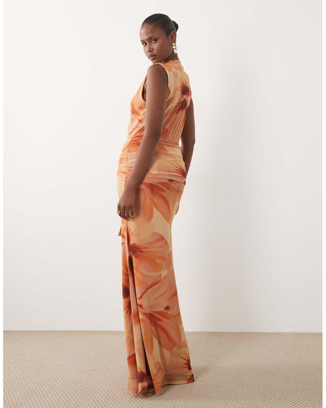 ASOS White Printed Mesh Deep Plunge Maxi Dress