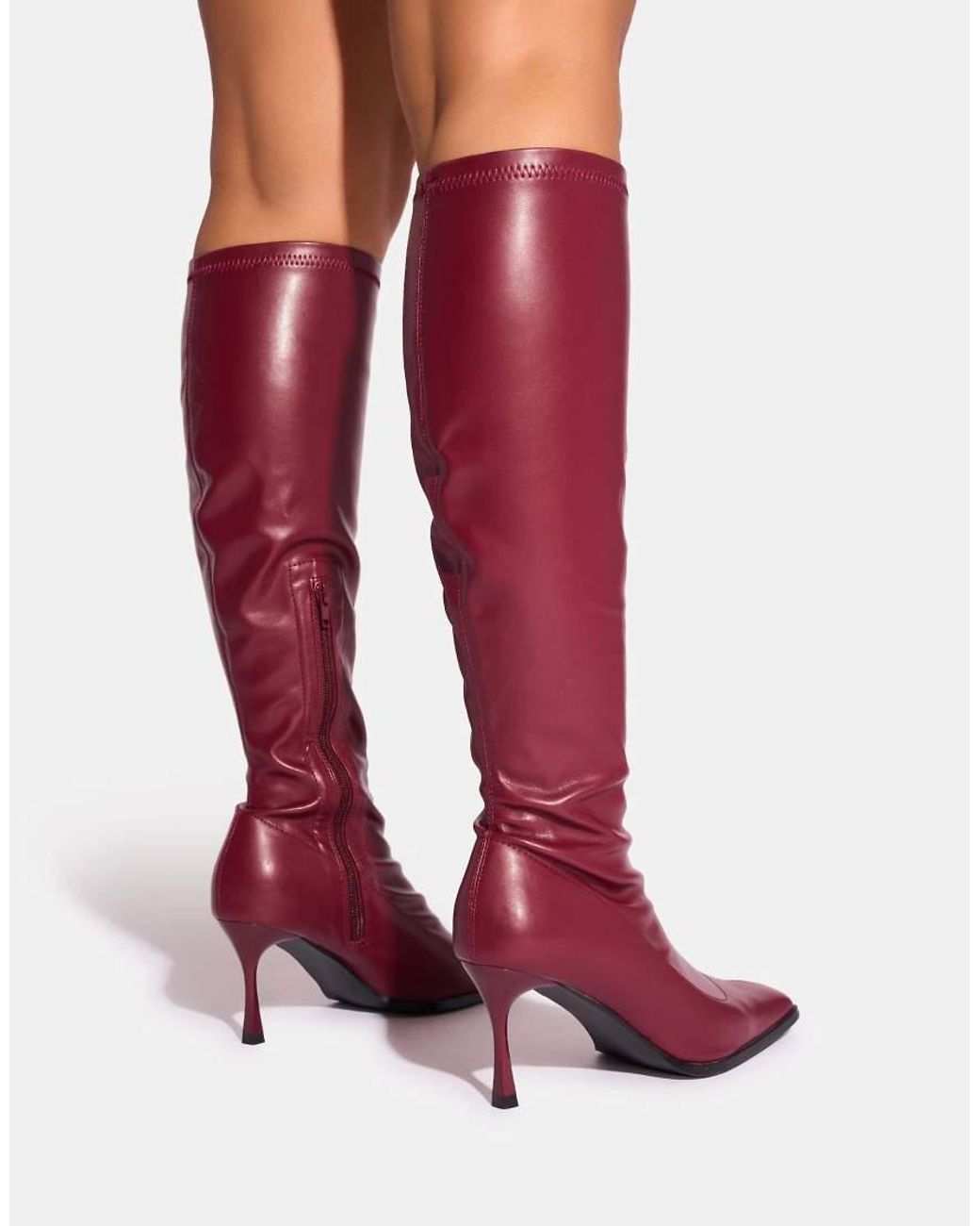 Public Desire Red Scorpion Burgundy Mid Heel Sock Knee High Boots