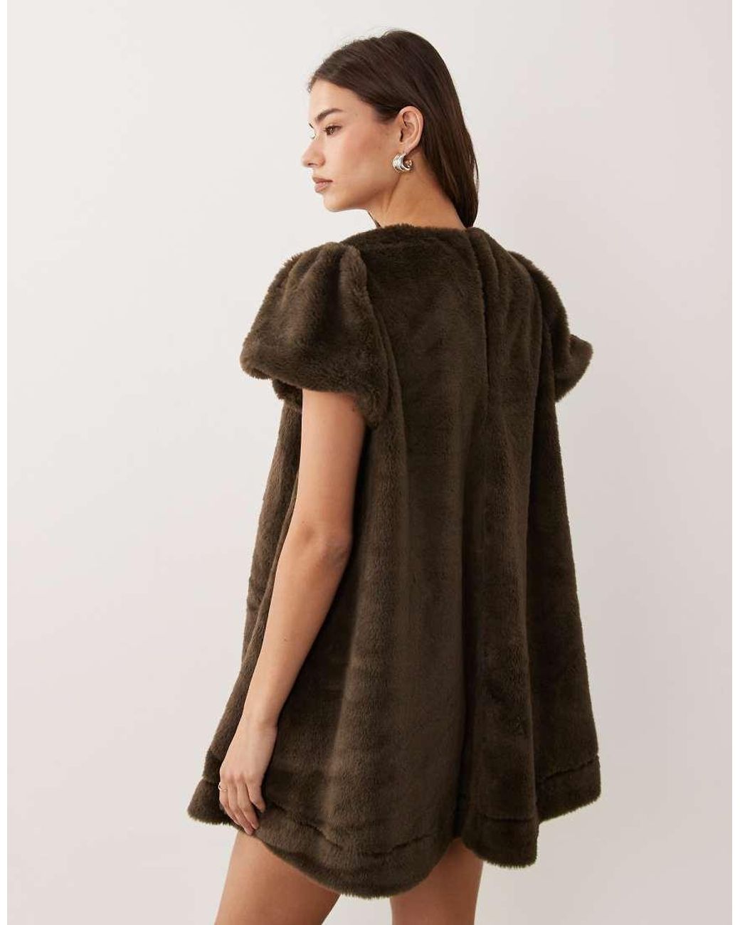 ASOS Brown Crew Neck Faux Fur Mini Dress With Puff Sleeves