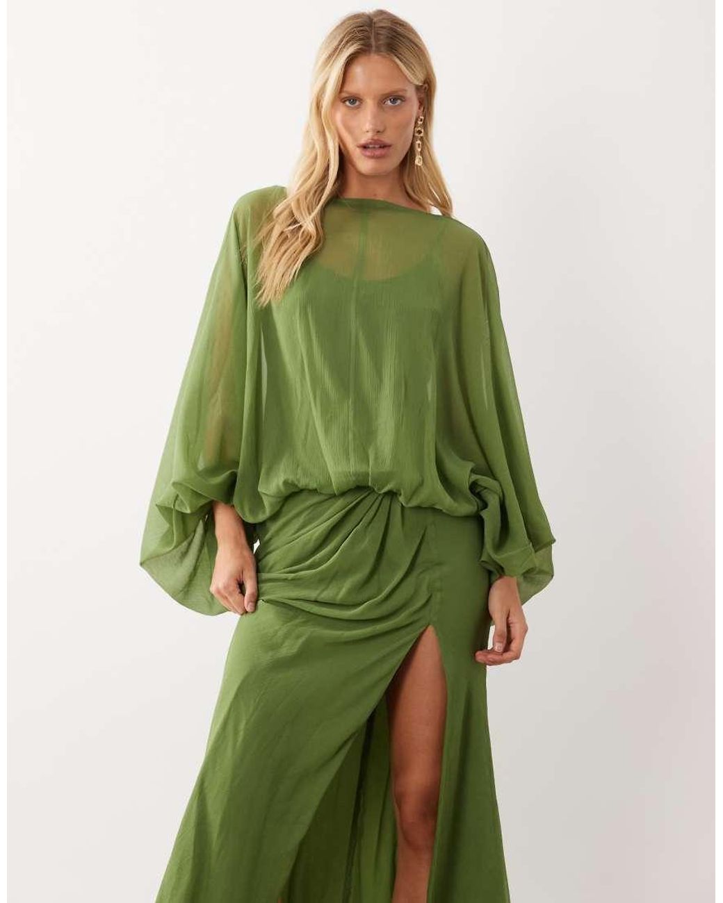 ASOS Green Balloon Sleeve Blouson Waist Maxi Dress