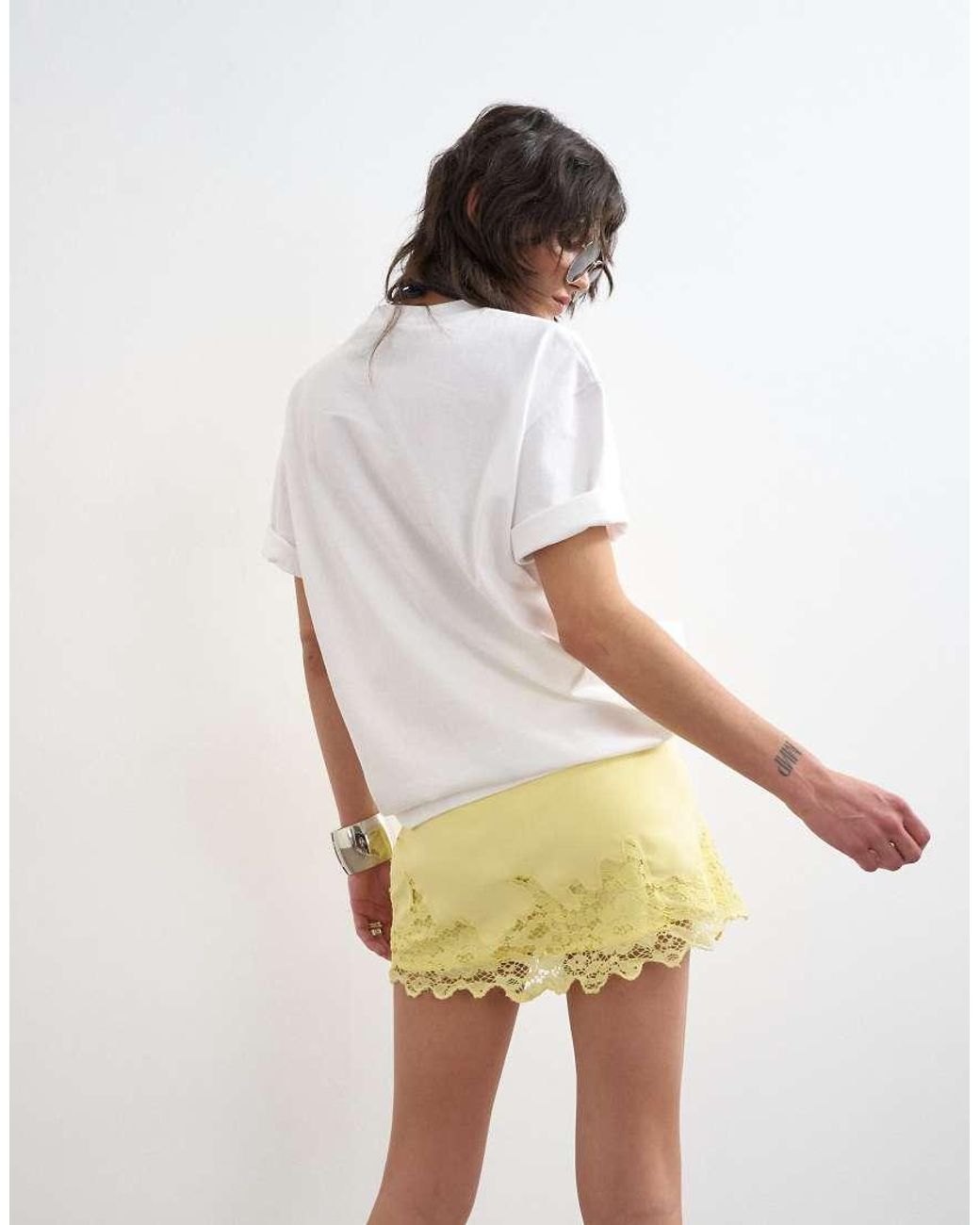 TOPSHOP Yellow Lace Hem Wrap Mini Skirt