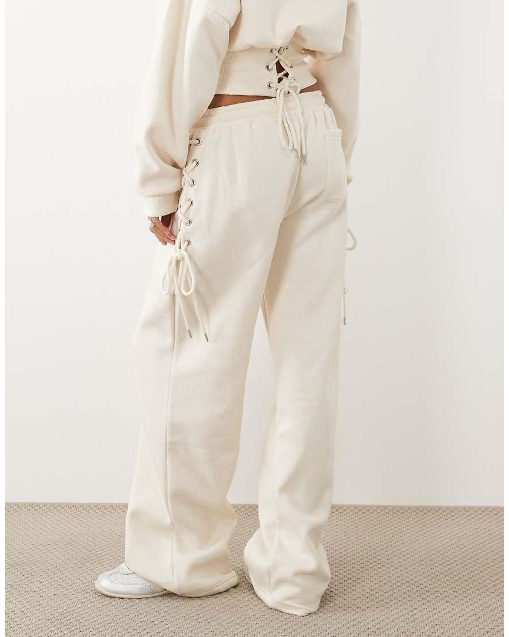 Kaiia Natural Cotton Rich Lace Up Side Detail Wide Leg joggers Co-ord