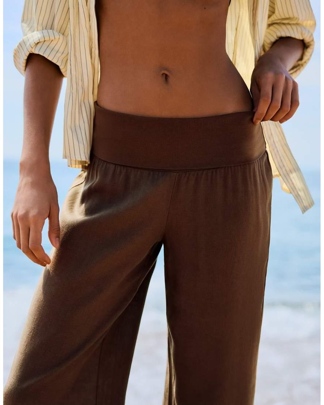 Bershka Brown Tall Turn-up Waist Trousers