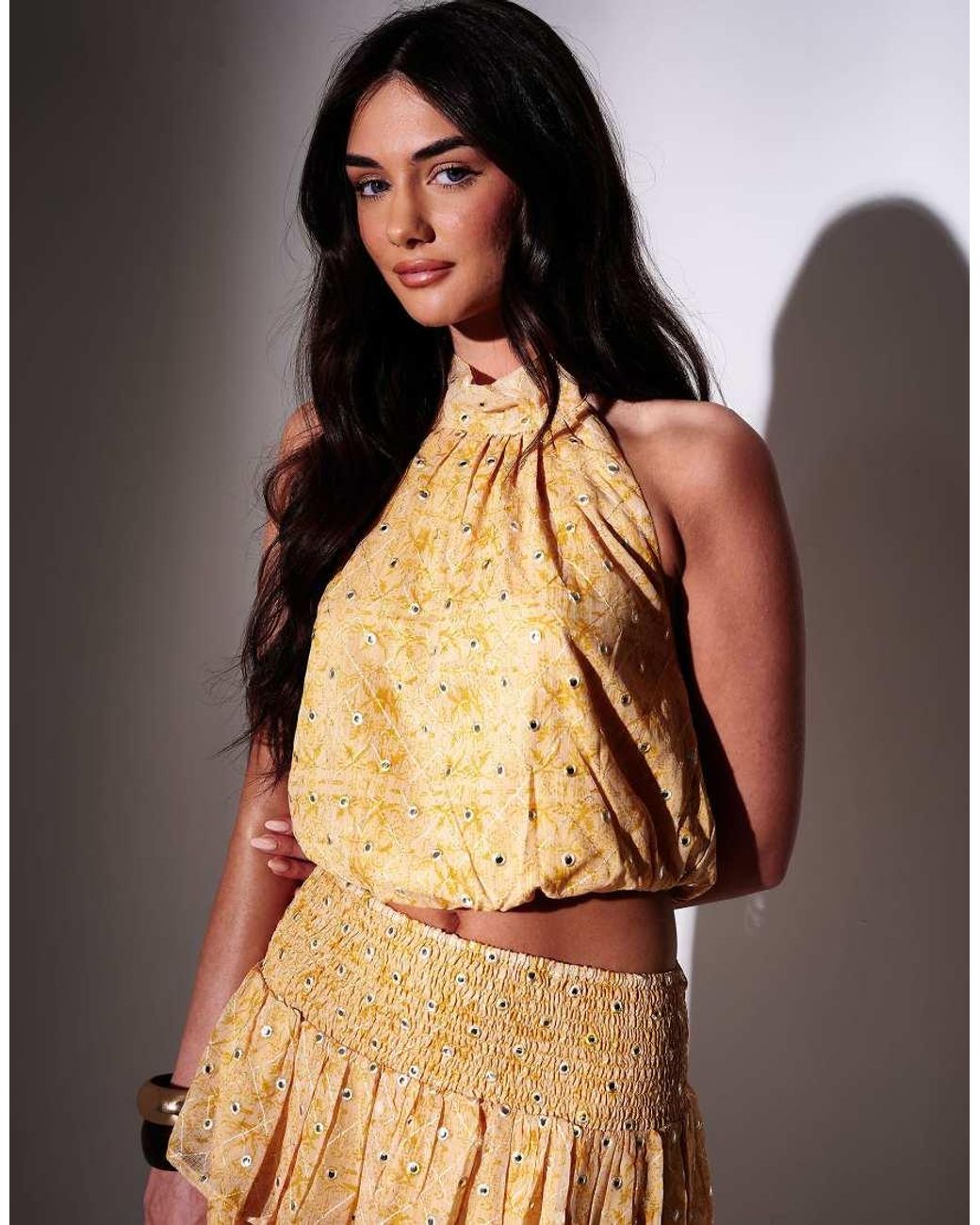 South Beach Yellow Embroidered Mirror Detail Halternecktop