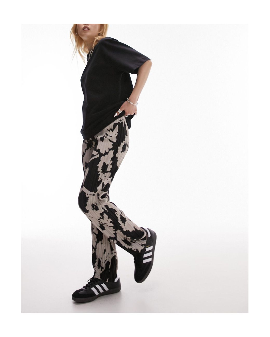 Pantalon plissé droit à imprimé fleuri - noir et blanc Topshop Unique en  coloris Noir | Lyst