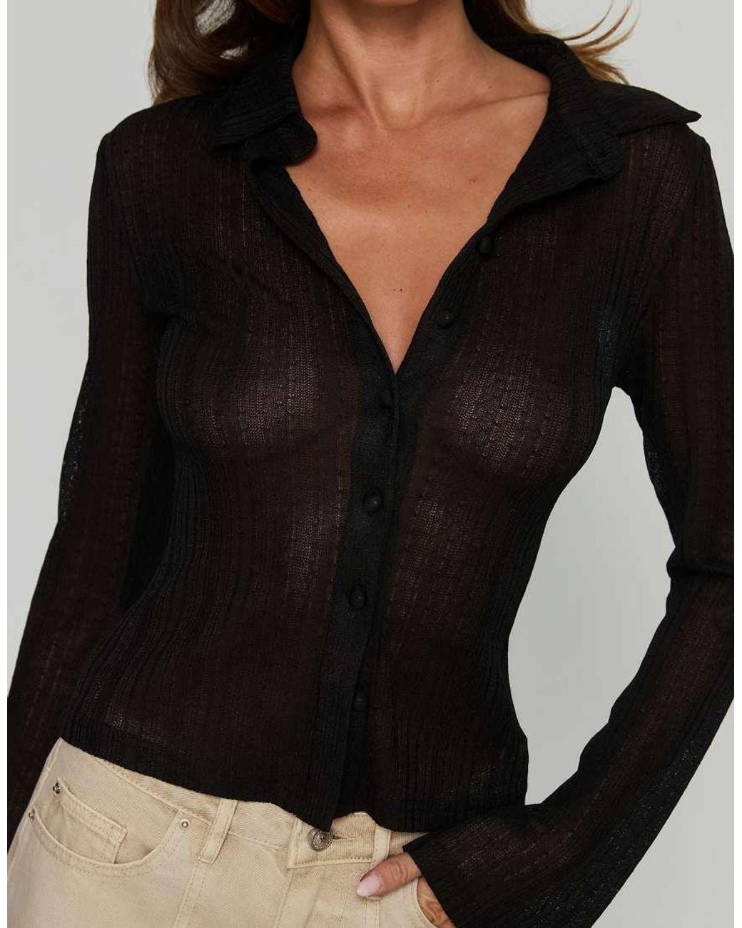 Princess Polly Black When You Sleep Semi Sheer Button Through Flare Sleeve Fitted Shirt
