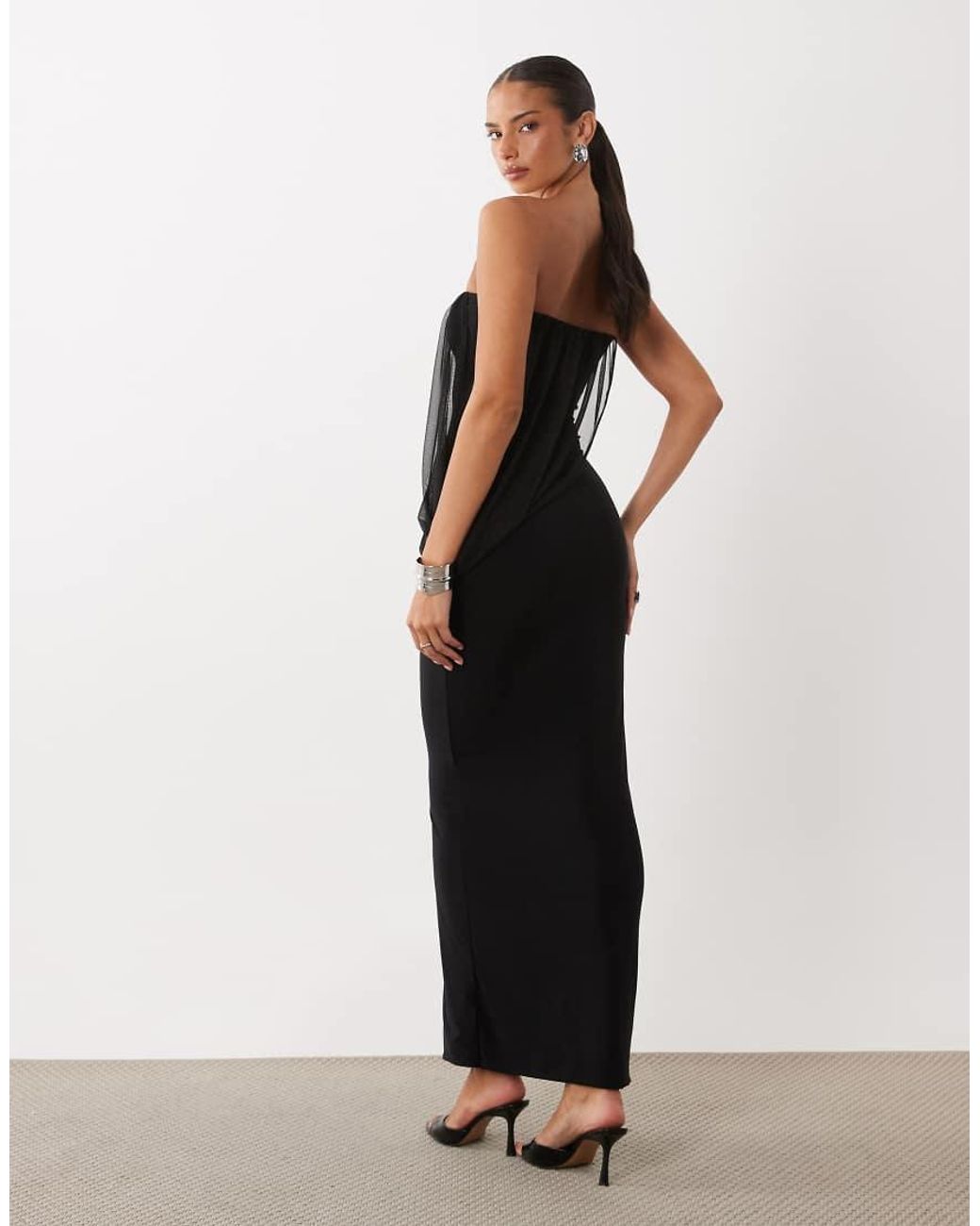 Missy Empire White Missy Empire Double Sculpted Slinky Mesh Overlay Drape Detail Bandeau Maxi Dress
