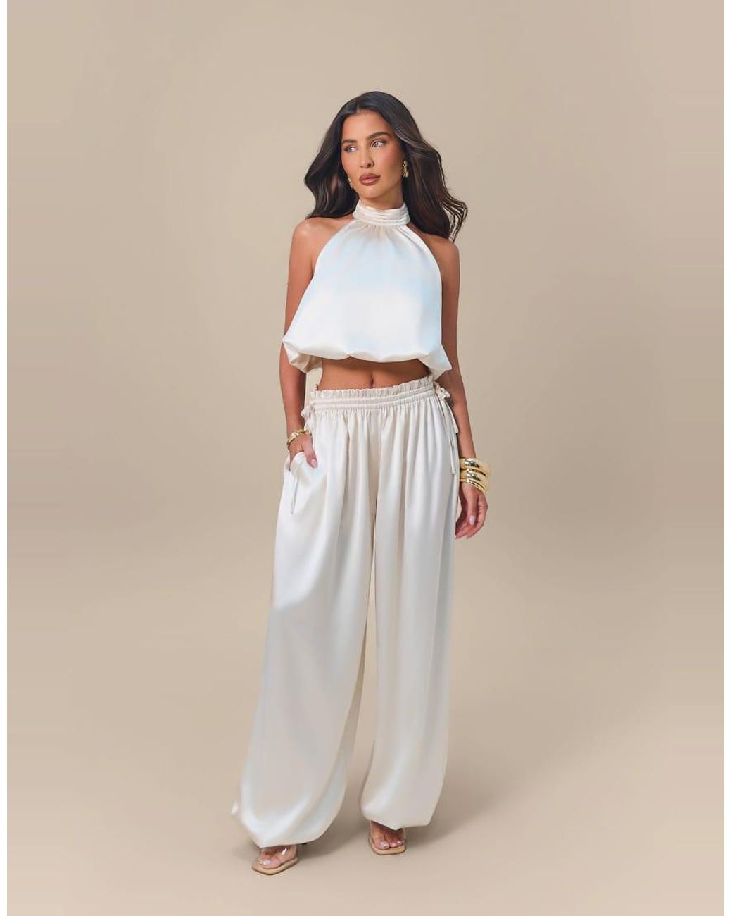 Wanderdoll Green Wander Doll X Emma Milton Summa Satin High-neck Halterneck Bubble-hem Top