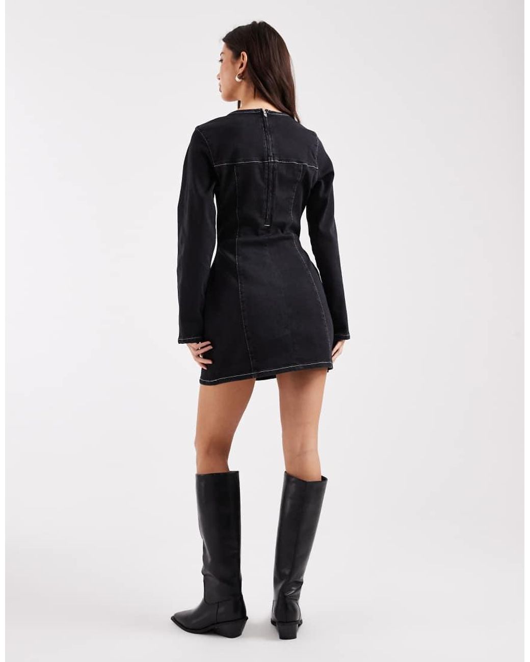 ASOS Black Cinched Waist Structured Denim Mini Dress With Long Sleeve