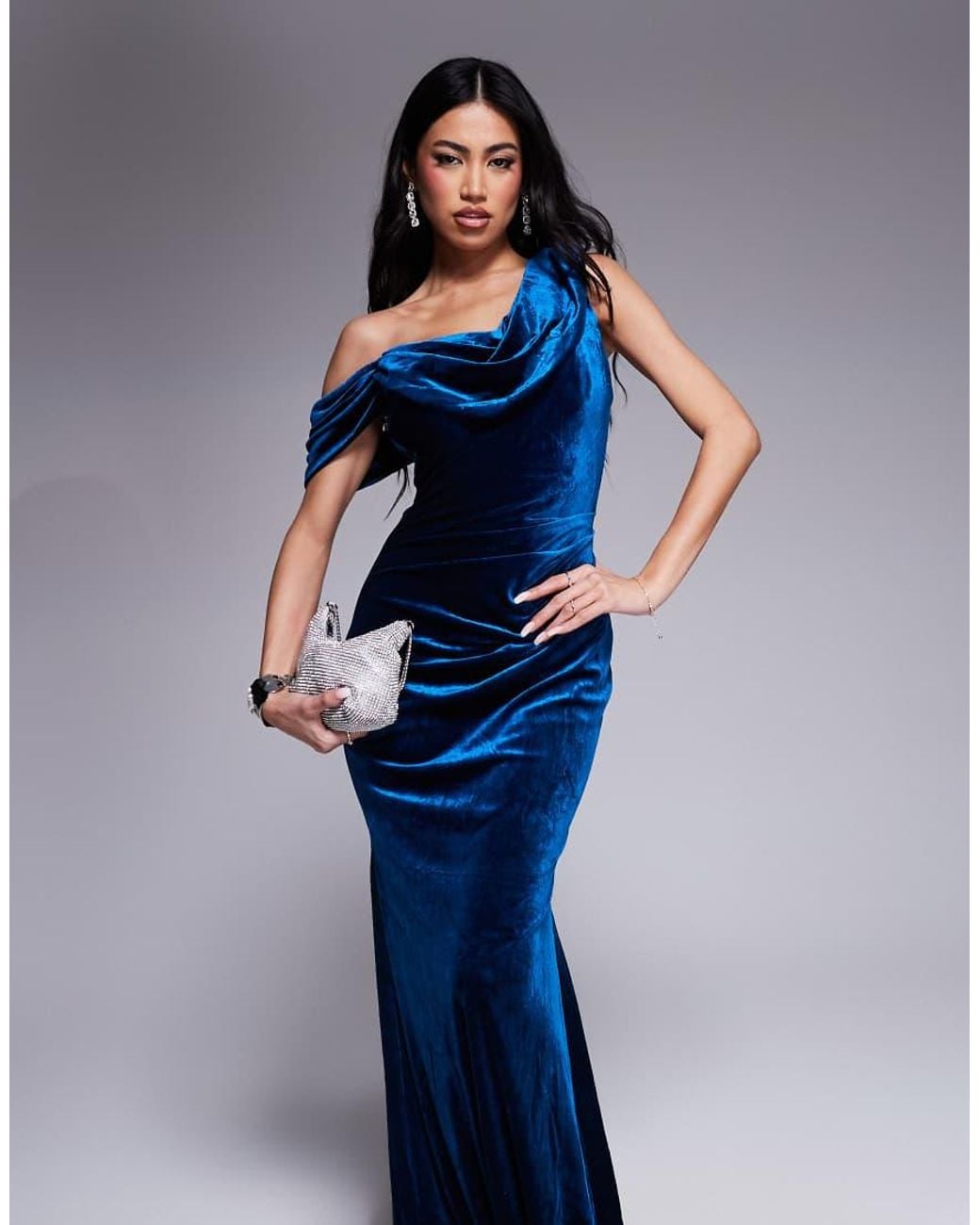 Goddiva Blue Cowl One Shoulder Velvet Maxi Dress