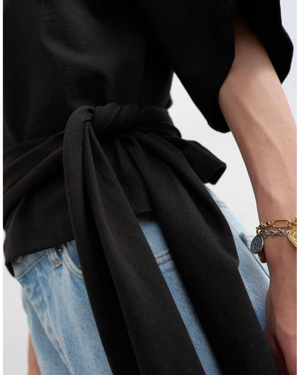 TOPSHOP Black Wrap Waist Tie Detail Top