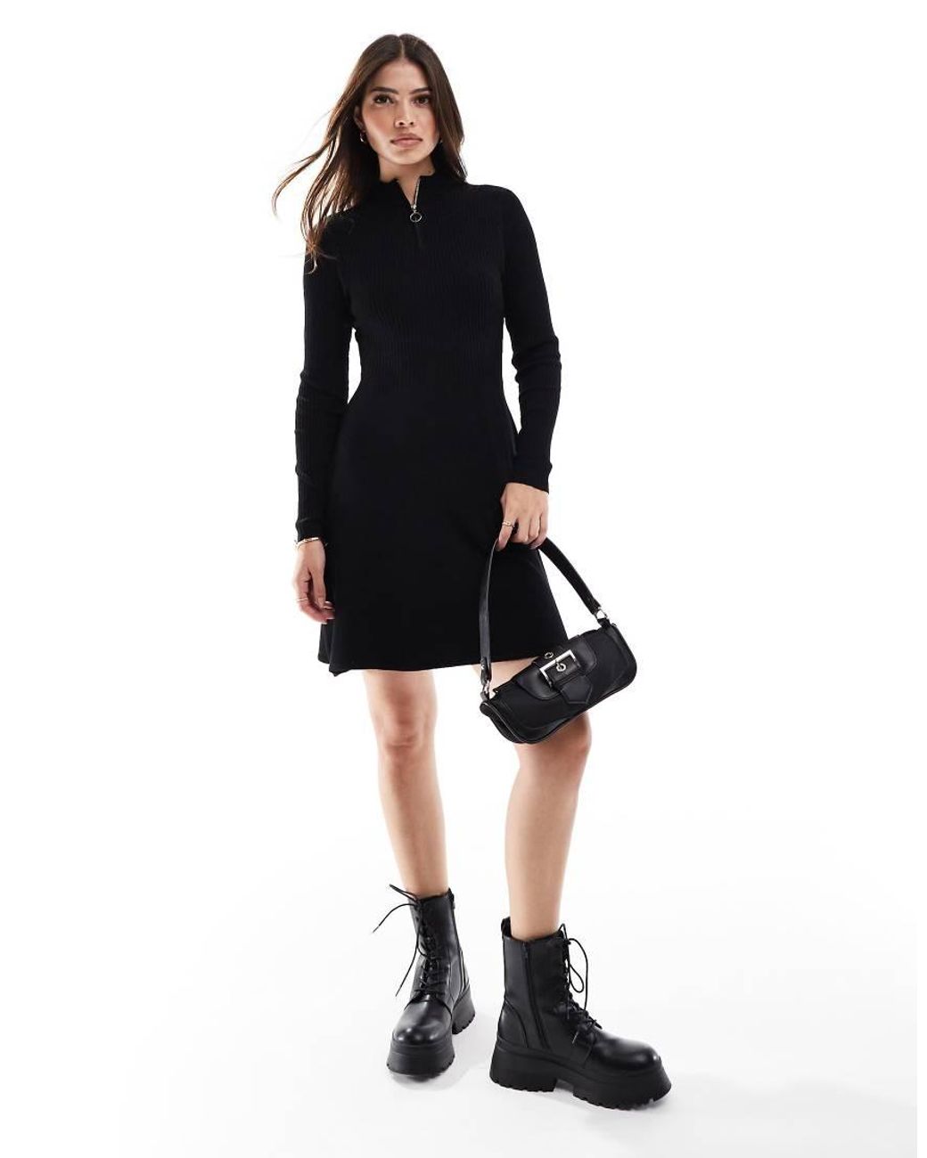 ONLY Black Quarter Zip Structured Knit Midi Dress