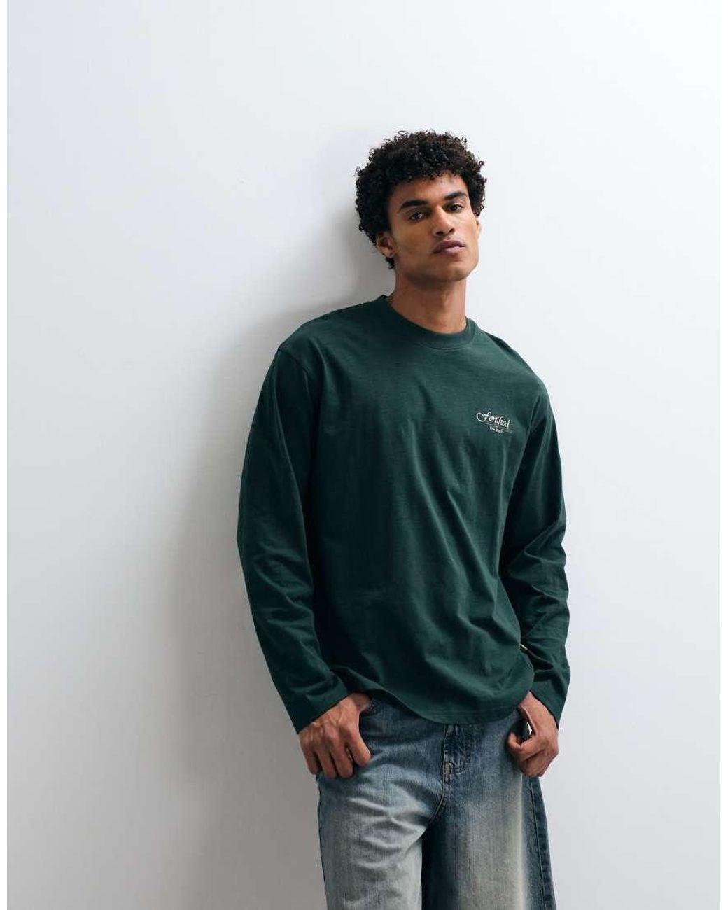 Redefined Rebel Green Oversized Long Sleeve T-Shirt With Botanical Back Print for men