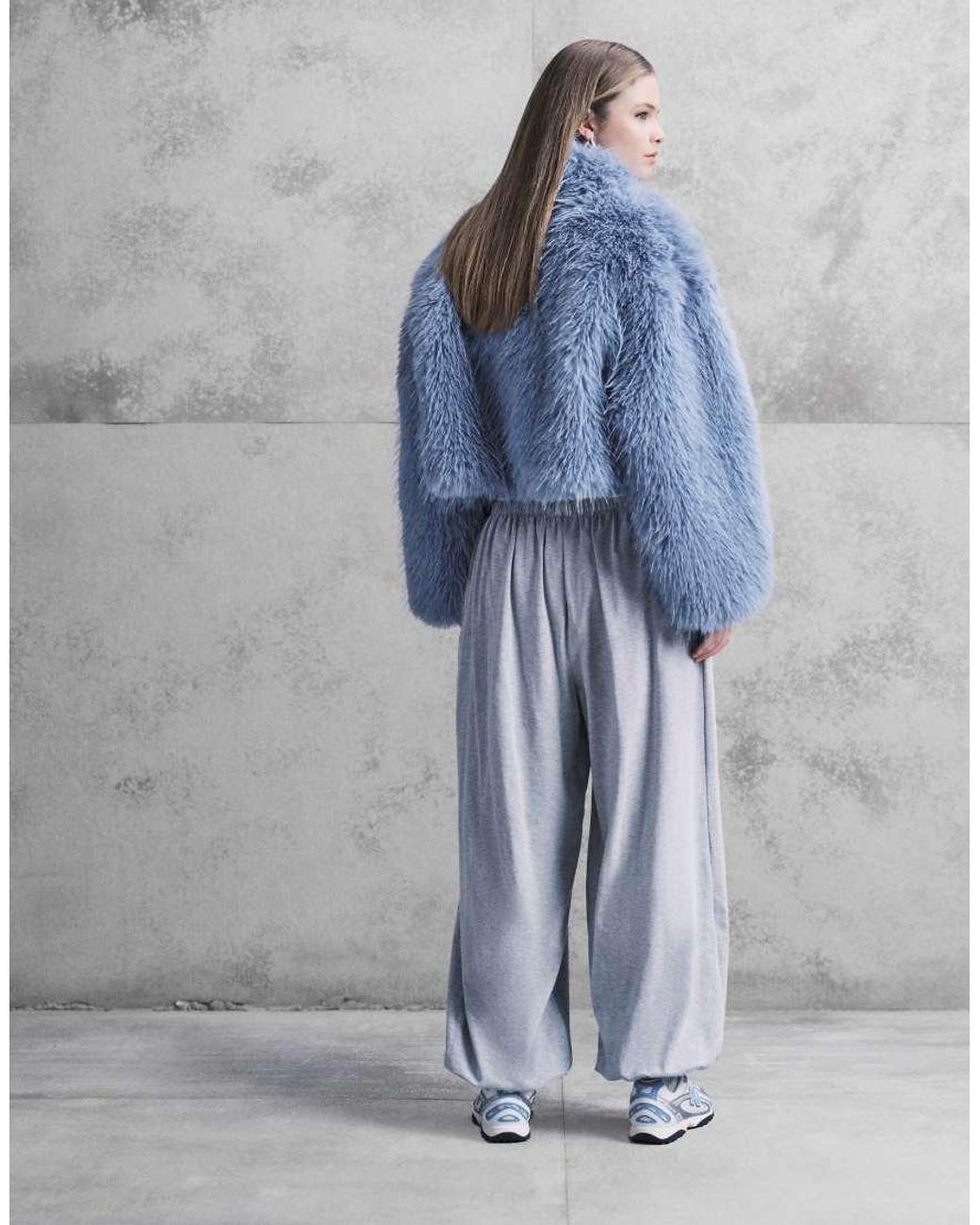 Aria Cove Blue Mongolian Faux Fur Wide Sleeve Cropped Jacket