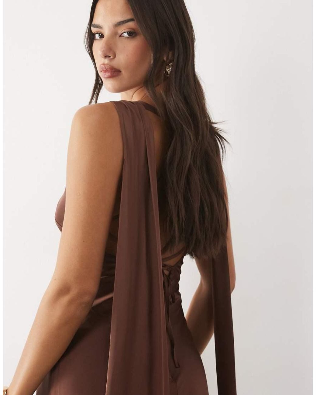 TFNC London Brown Bridesmaids Satin Plunge Neck Scarf Detail Lace Up Open Back Maxi Dress