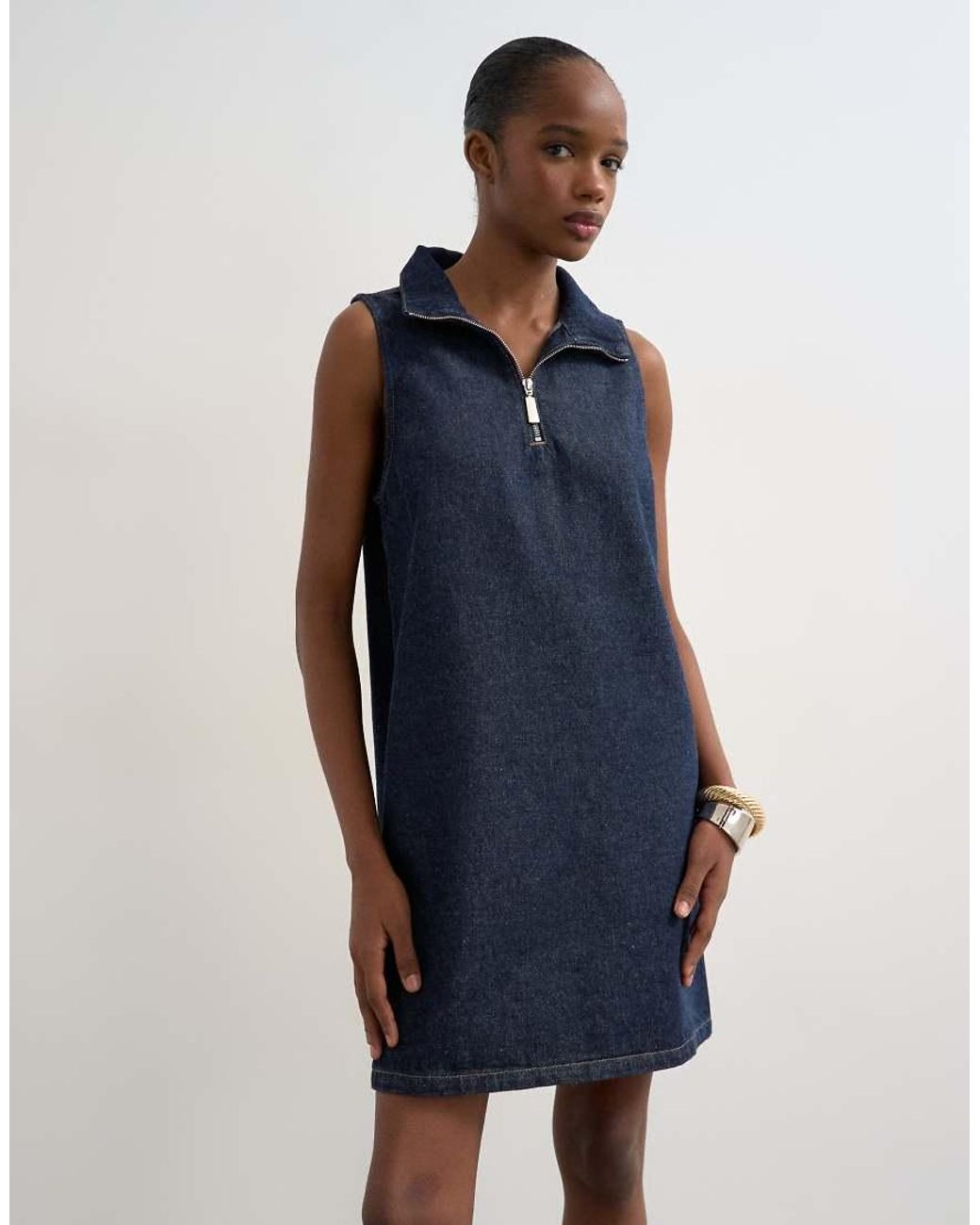 TOPSHOP Blue Denim Funnel Neck Pinny Dress Rinse