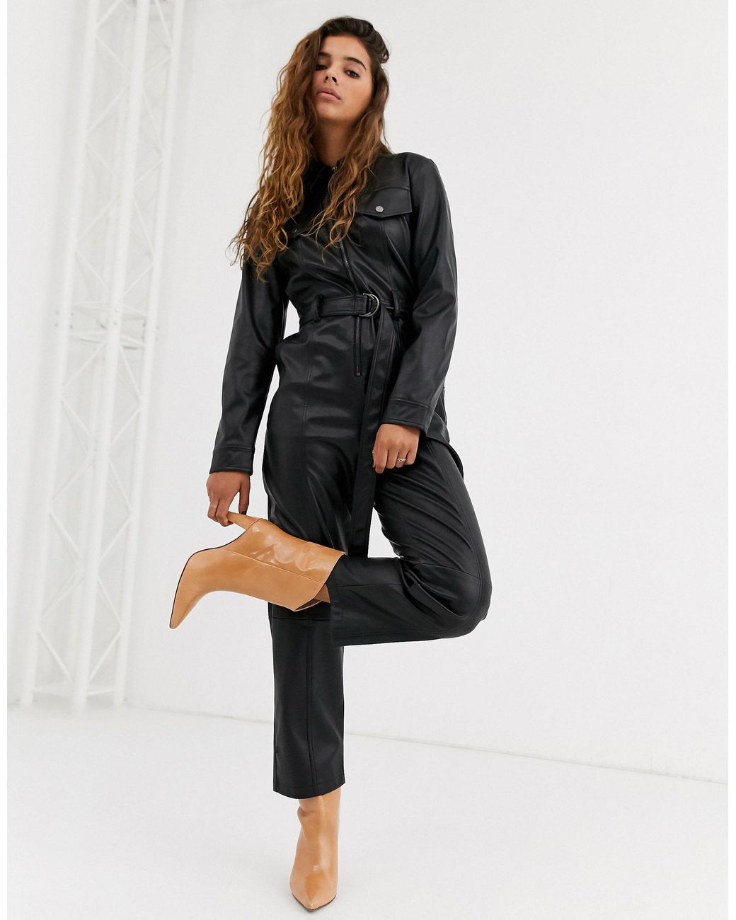 TOPSHOP Faux Leather Boilersuit in Black | Lyst Canada