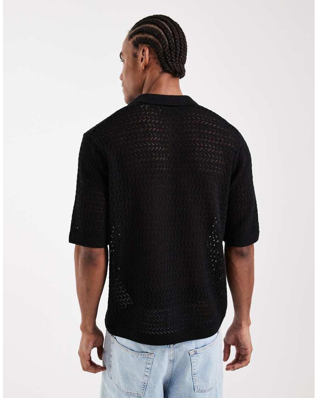 Only & Sons Black Open Knit Split Neck Polo for men