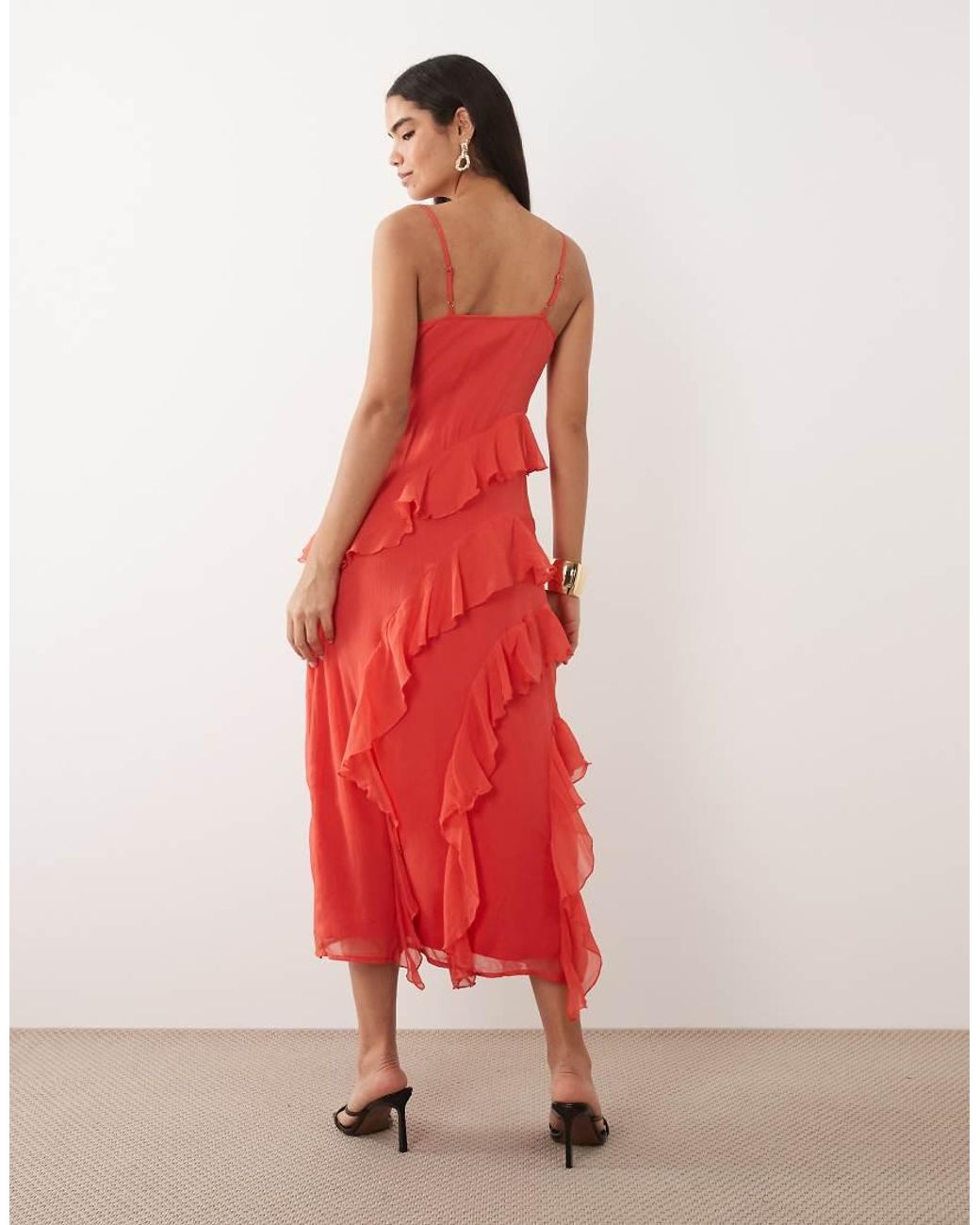 Vero Moda Red Smilla Chiffon Cami Ruffle Detail Midi Dress