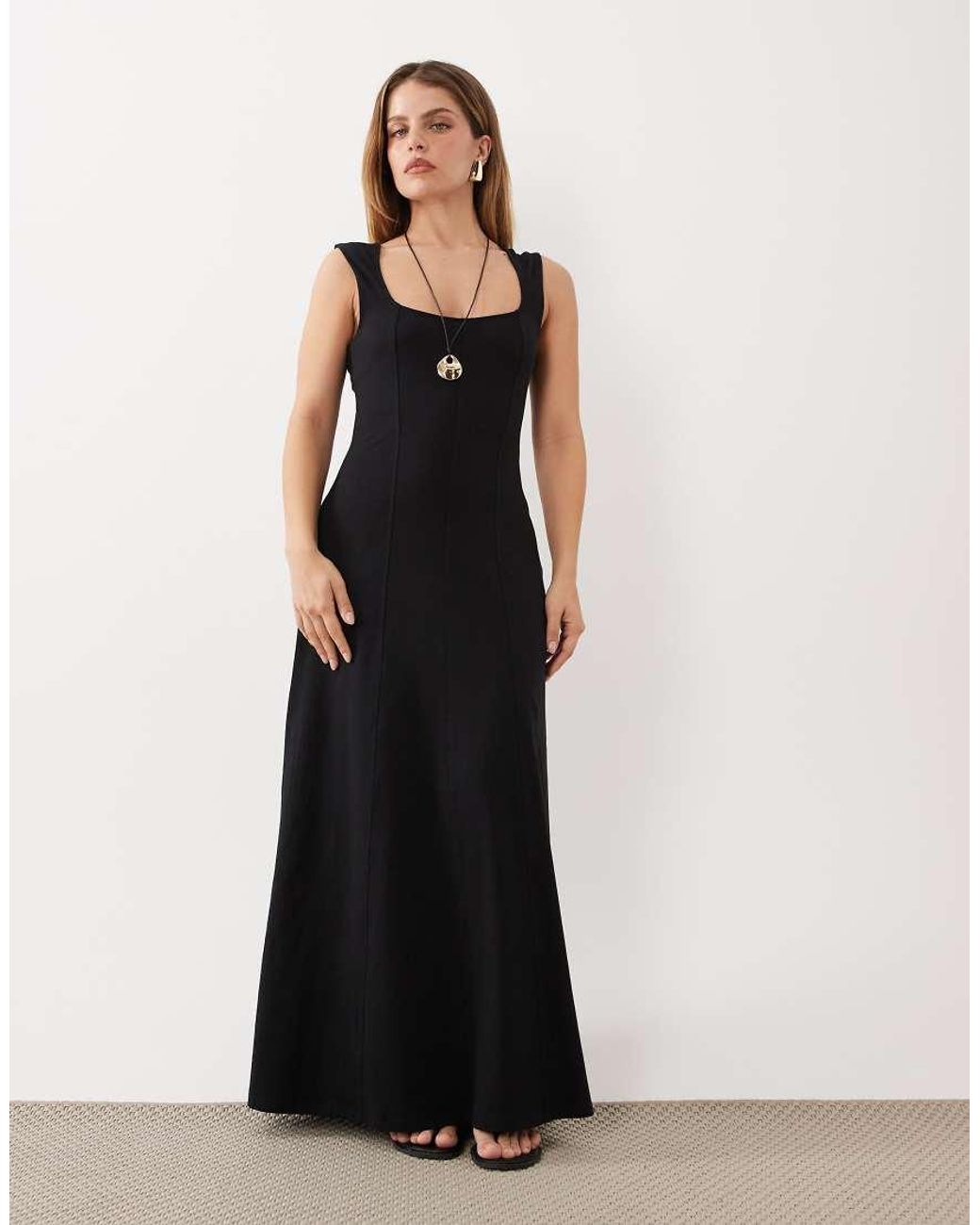 ASOS Black Asos Design Petite Square Neck Seam Detail Midi Dress
