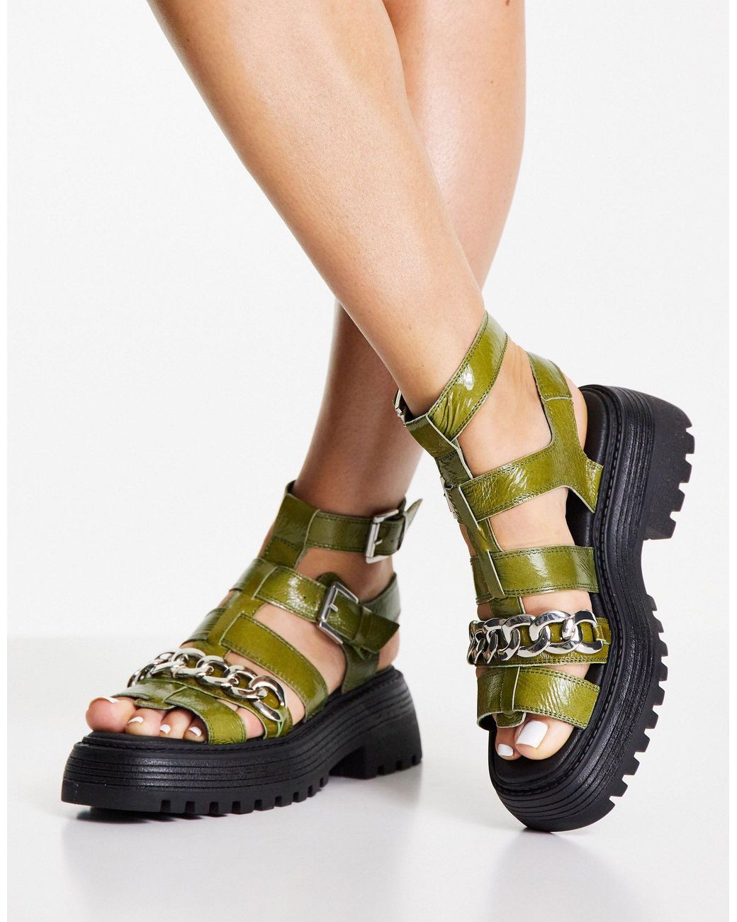 TOPSHOP Pioneer Chain Chunky Leather Sandals in Green | Lyst