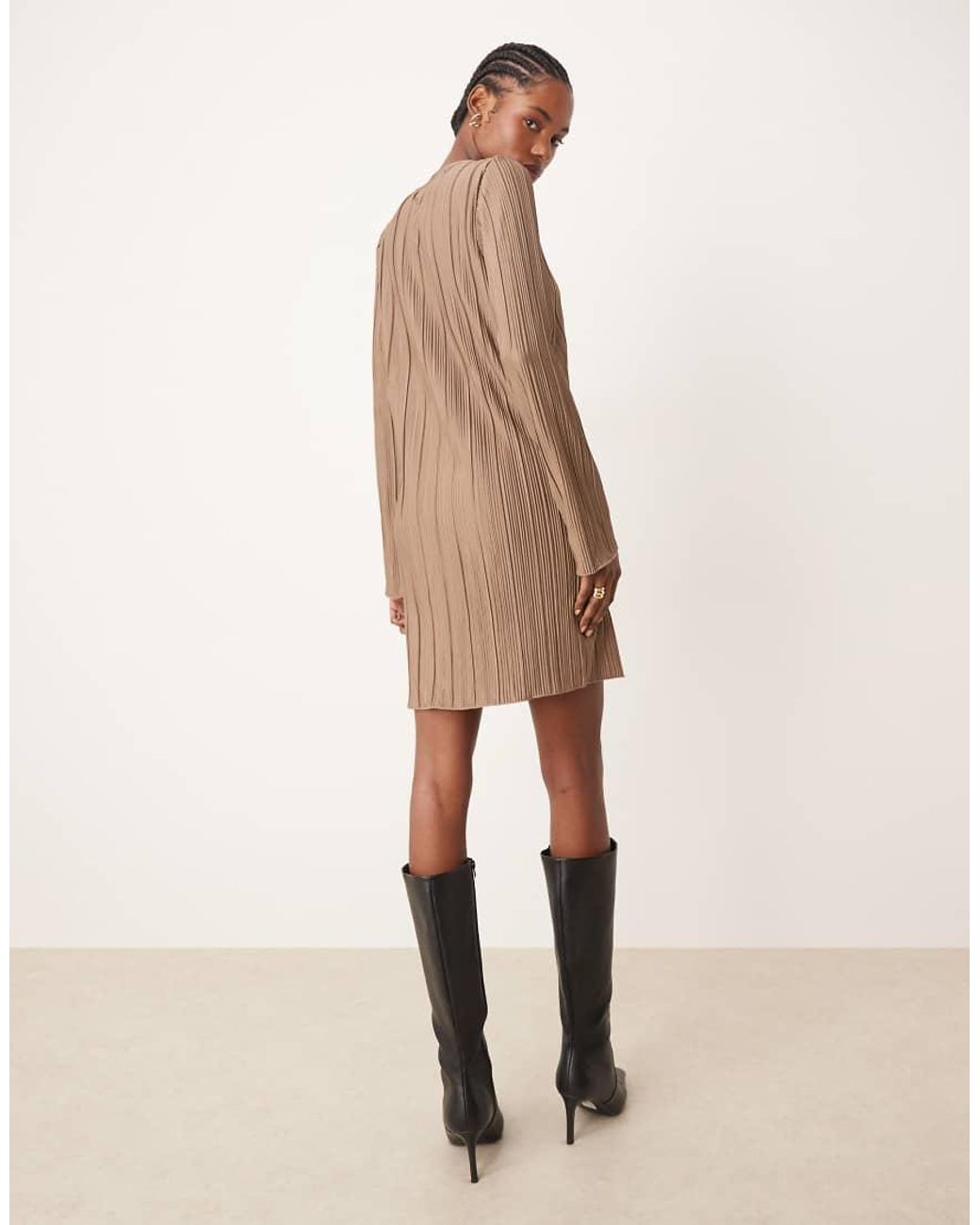JDY Tall Brown Plisse Flute Sleeves Mini Dress