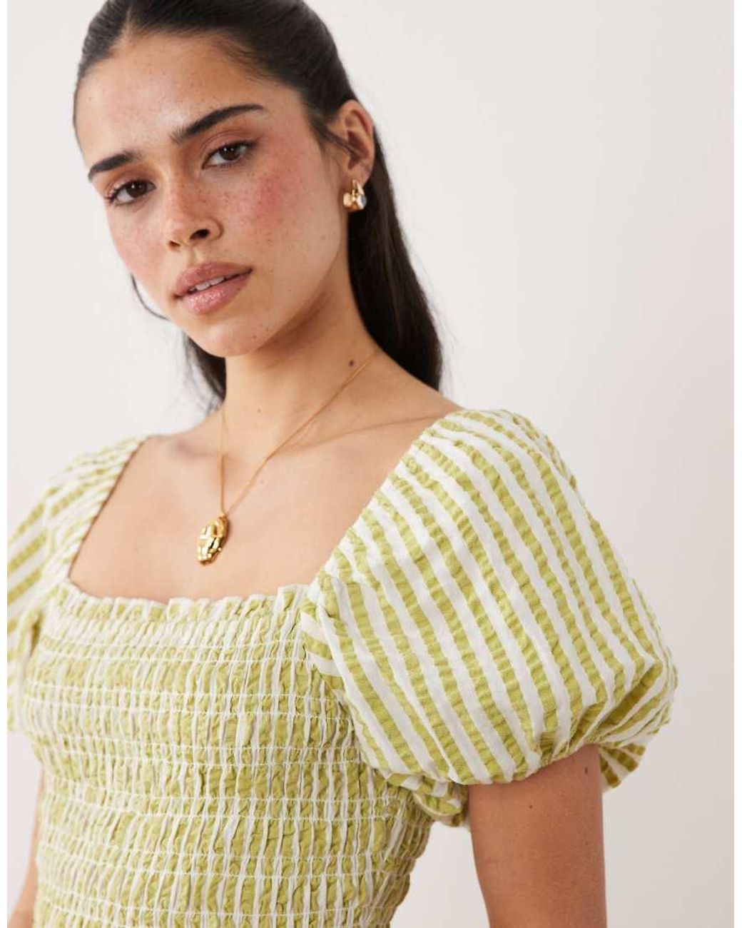 New Look Green Stripe Shirred Top