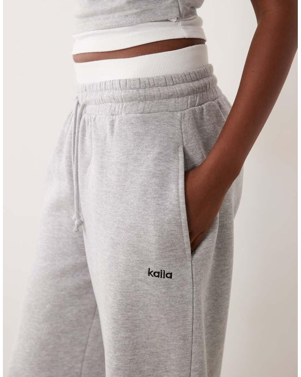 Kaiia Natural Cotton Rich Embroidered Logo Detail Double Waistband Wide Leg Jogger Co-Ord