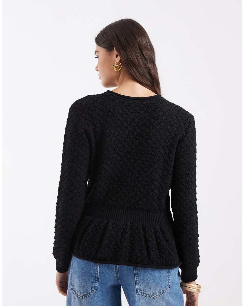 ASOS Black Knitted Peplum Long Sleeve Top With Buttons