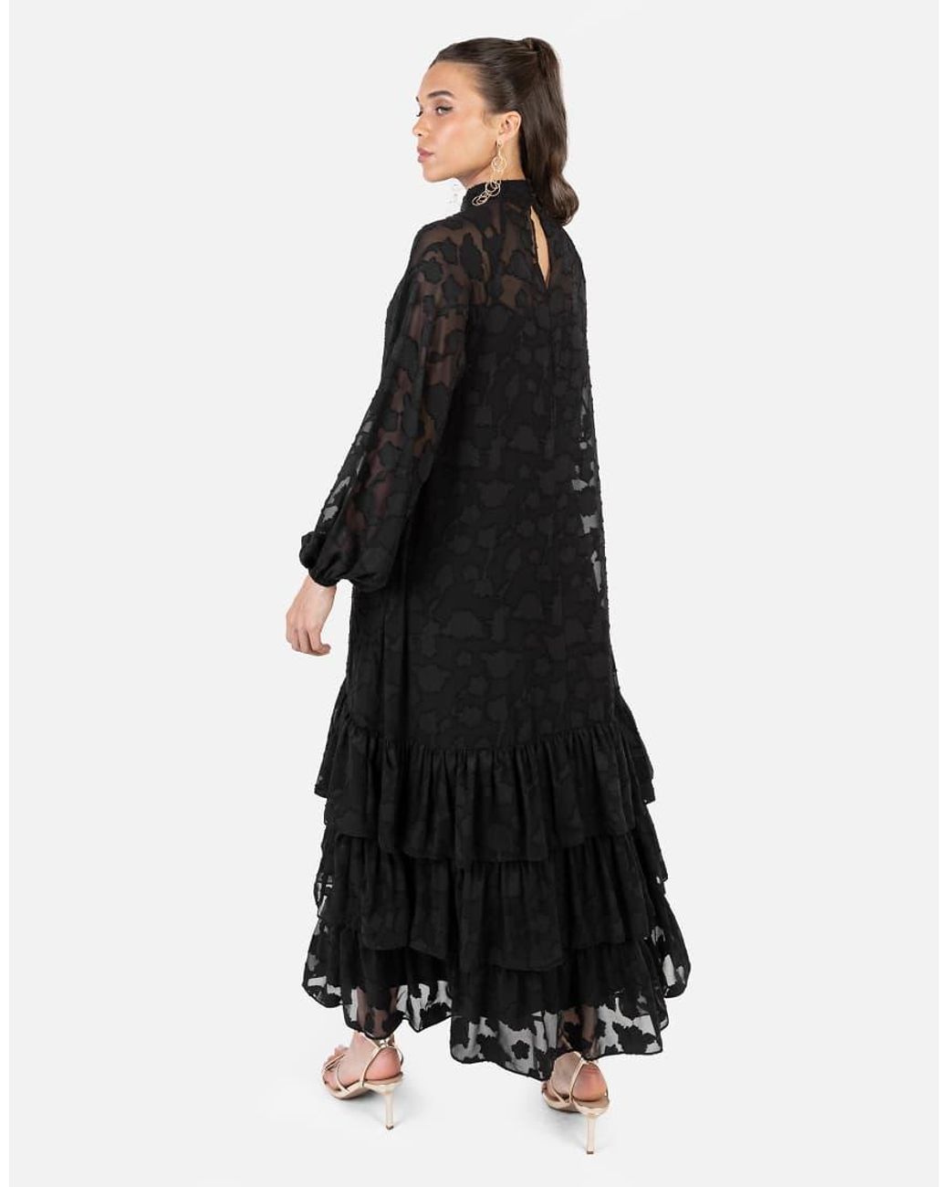 ANAYA Black Floral Burnout Long Sleeve Trapeze Midaxi Dress