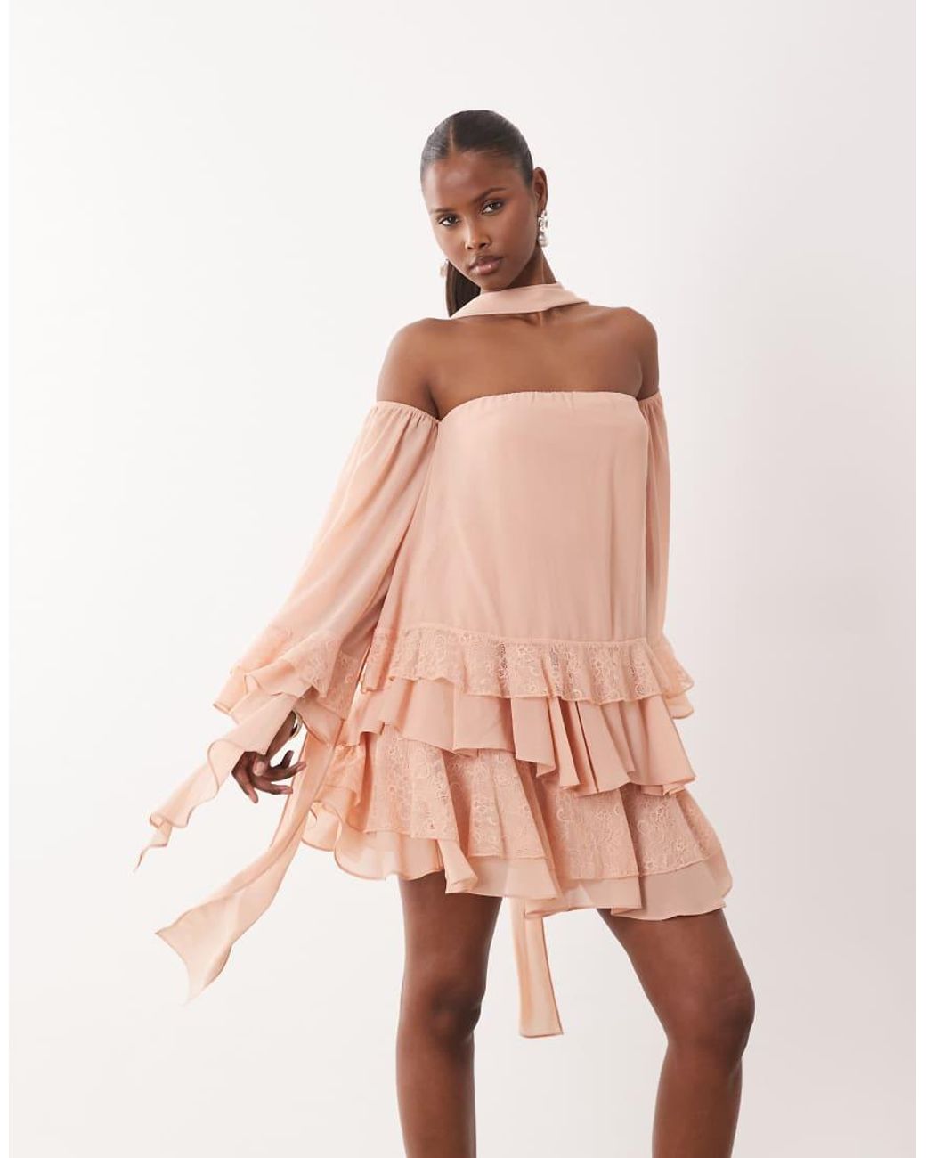 TFNC London Pink Bardot Chiffon Lace Mini Dress With Scarf