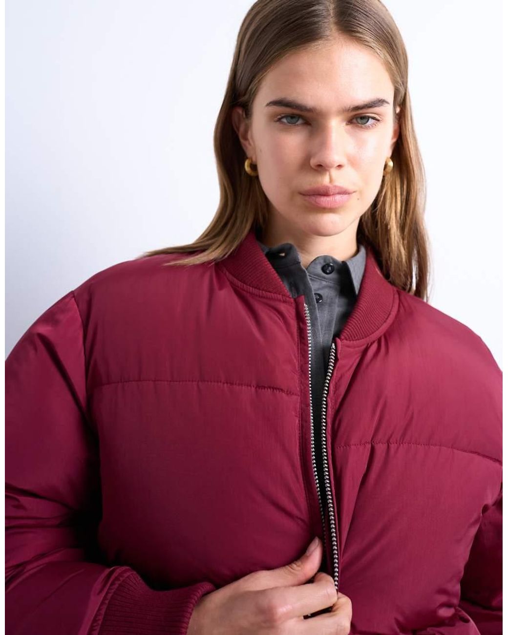 TOPSHOP Red Clean Rib Collar Puffer Jacket