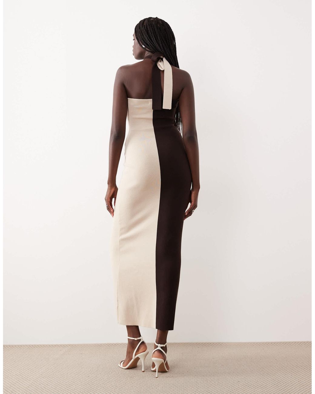 Pretty Lavish Knit Twist Halter Neck Color Block Maxi Dress in Natural ...