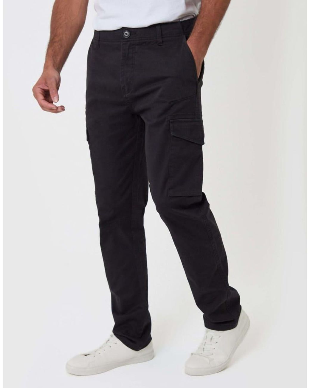 Threadbare Black Cotton Cargo Trousers With Stretch for men