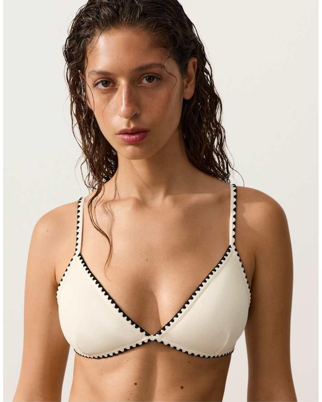 Oysho Natural Contrast Stitch Triangle Bikini Top