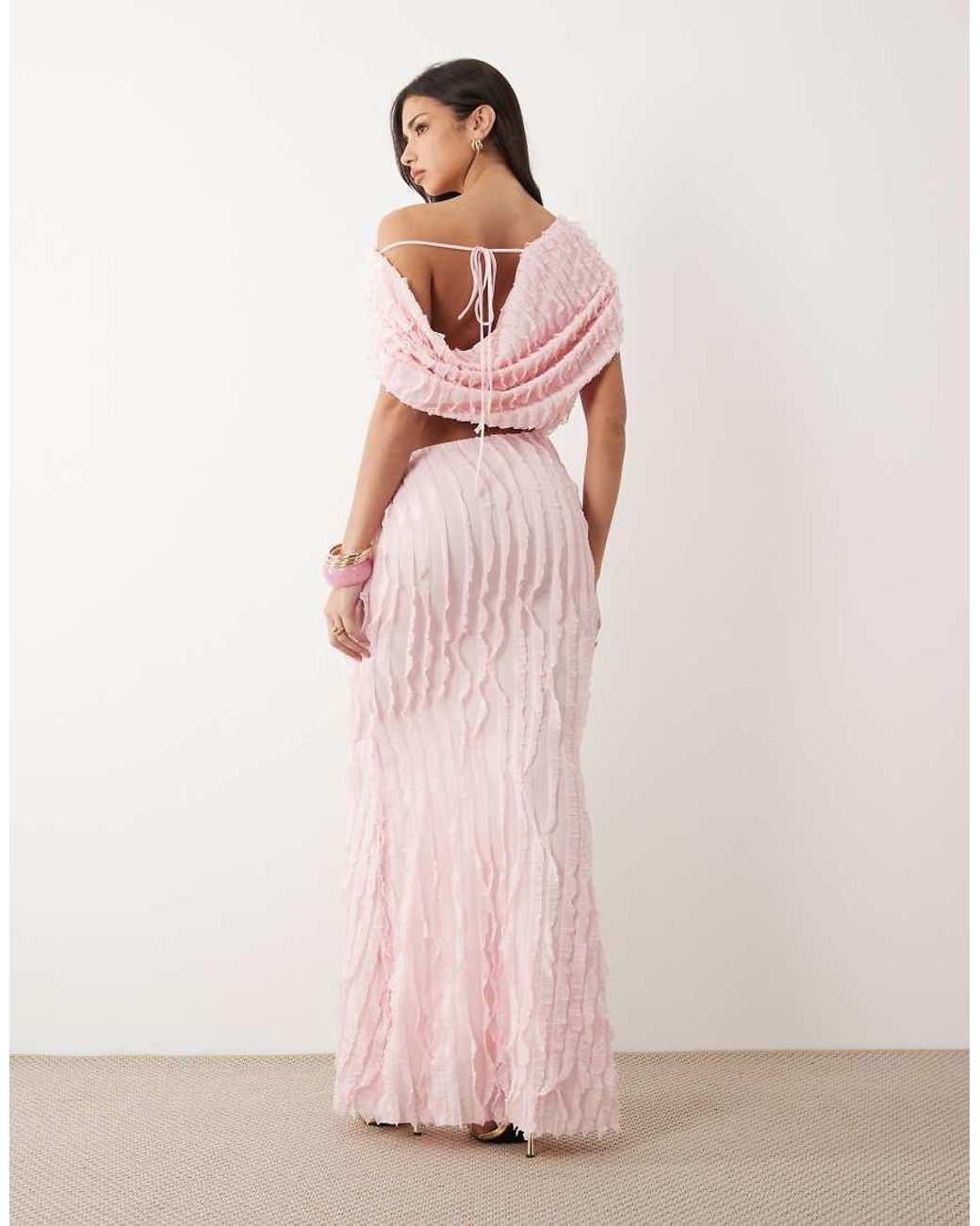ASOS Pink Ruffle Off Shoulder Maxi Dress With Cut Out Detail