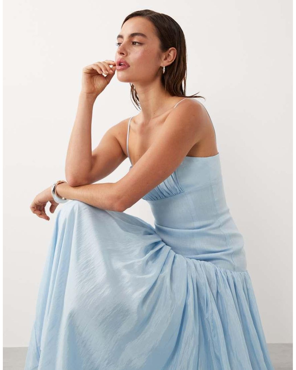 Mango Blue Ruched Strappy Maxi Dress