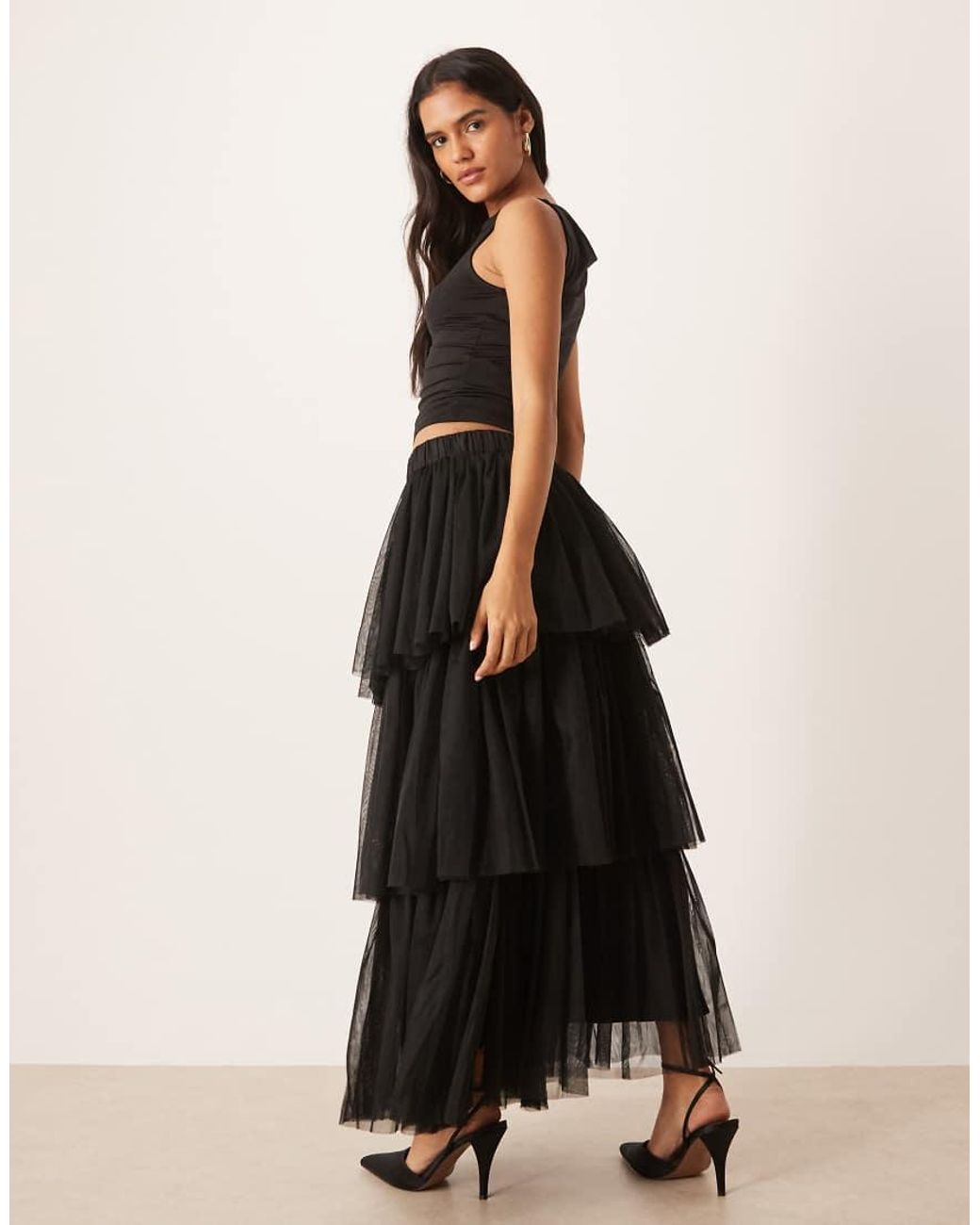 Y.A.S Black Tiered Tulle Midi Skirt