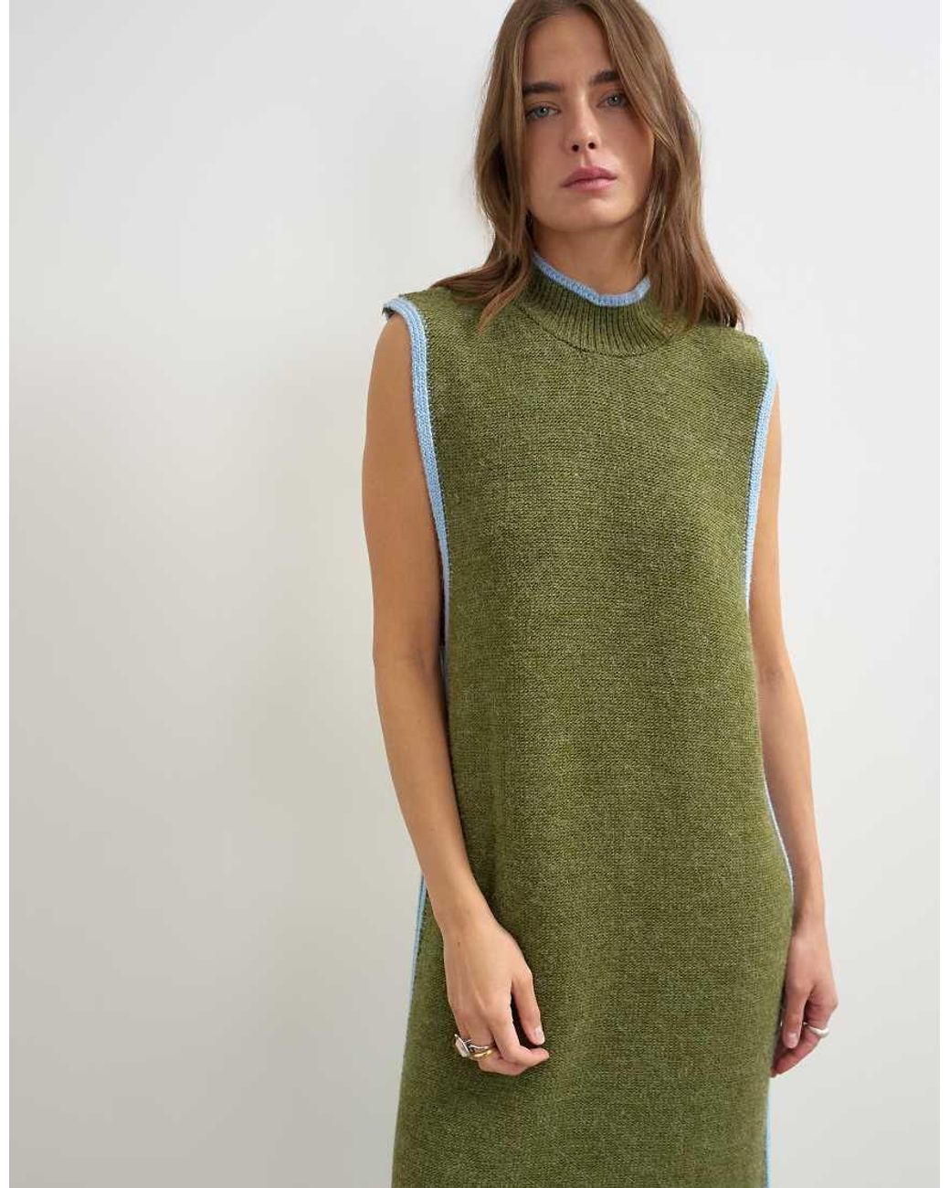 TOPSHOP Green Knitted High Neck Sleeveless Tunic Maxi Dress