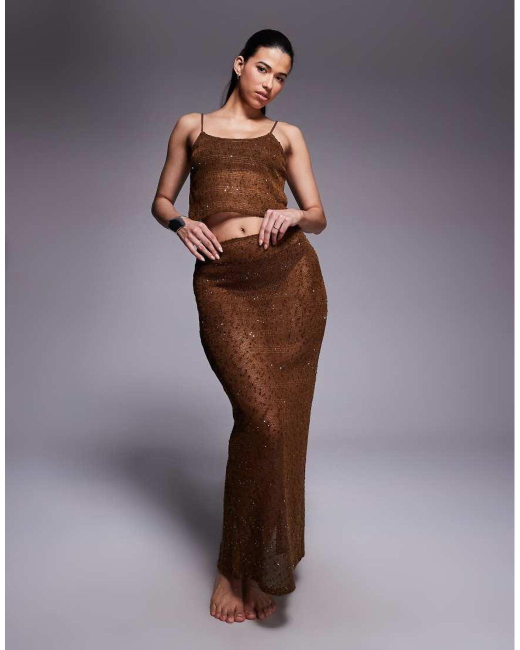 South Beach Brown Knit Sequined Beach Top