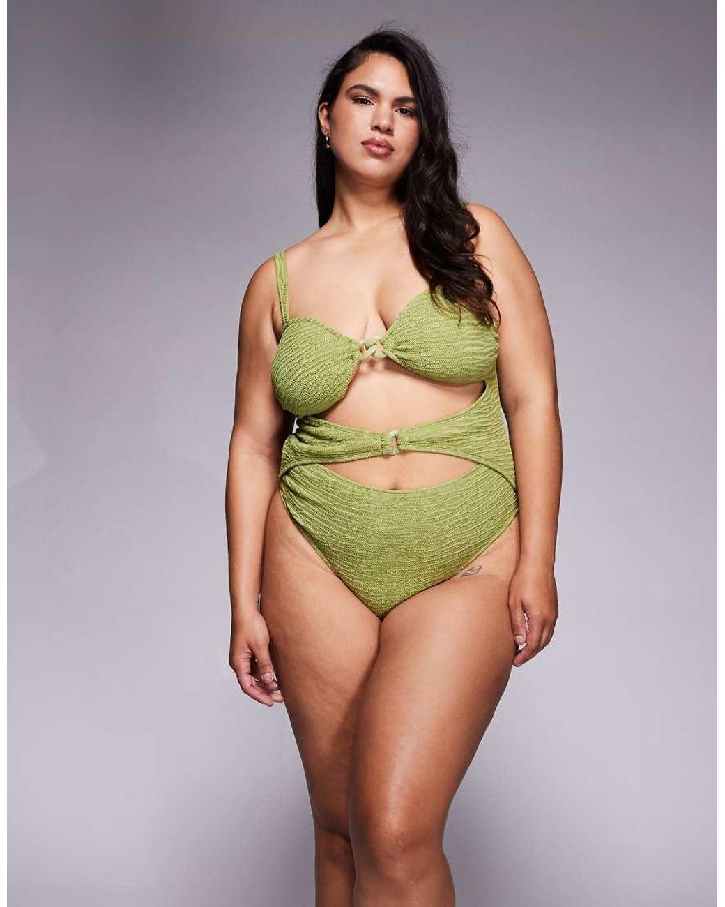 ASOS Green Asos Design Curve Laurie Twist Front Chain Link Bandeau Swimsuit
