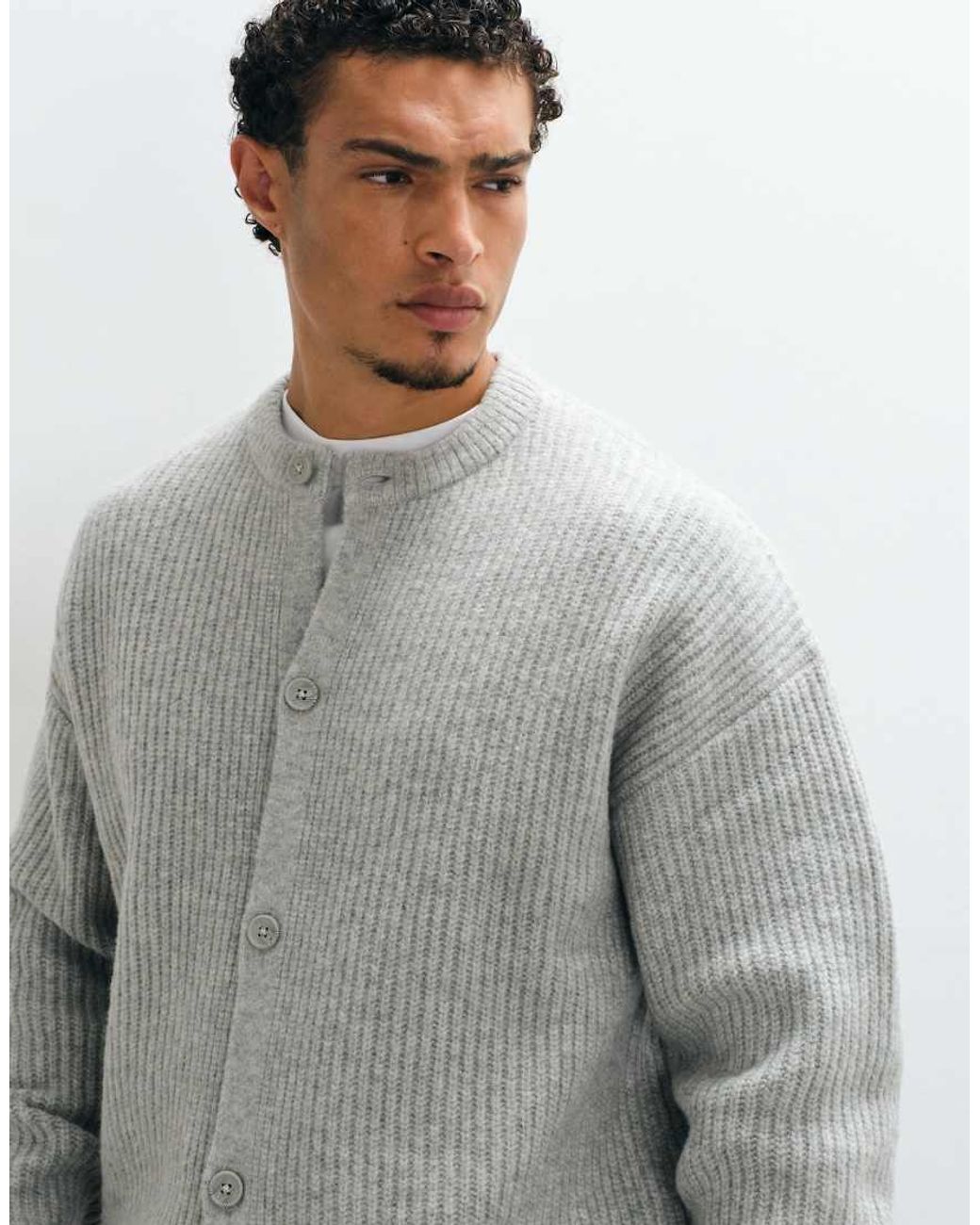 ASOS Gray Oversized Knitted Wool Blend Rib Crew Neck Cardigan for men