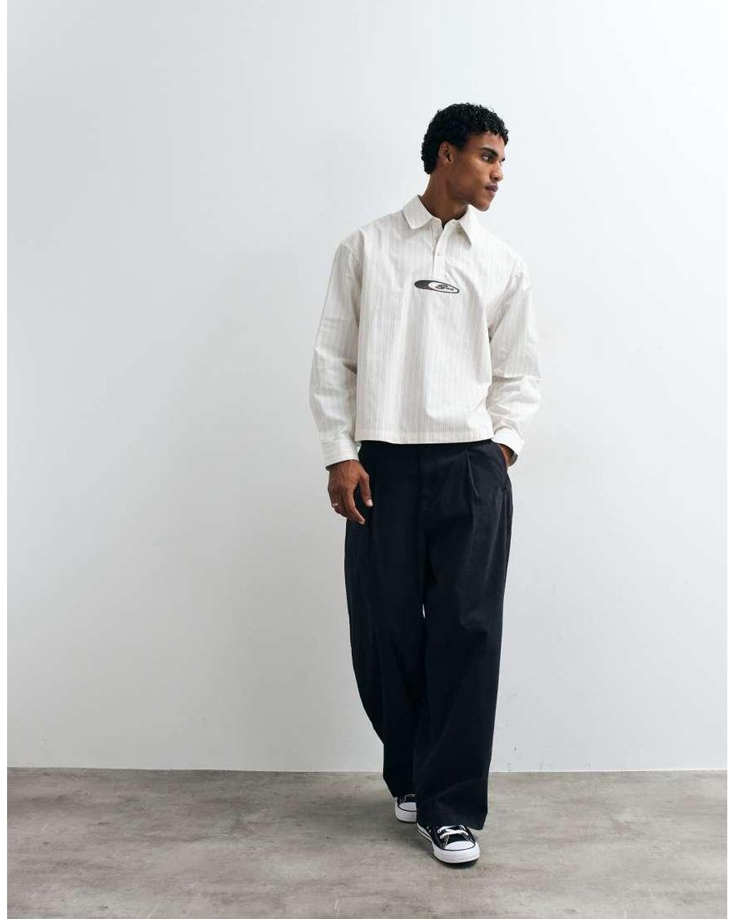 ASOS White Boxy Oversized Poplin Stripe Polo Shirt With Embroidery for men
