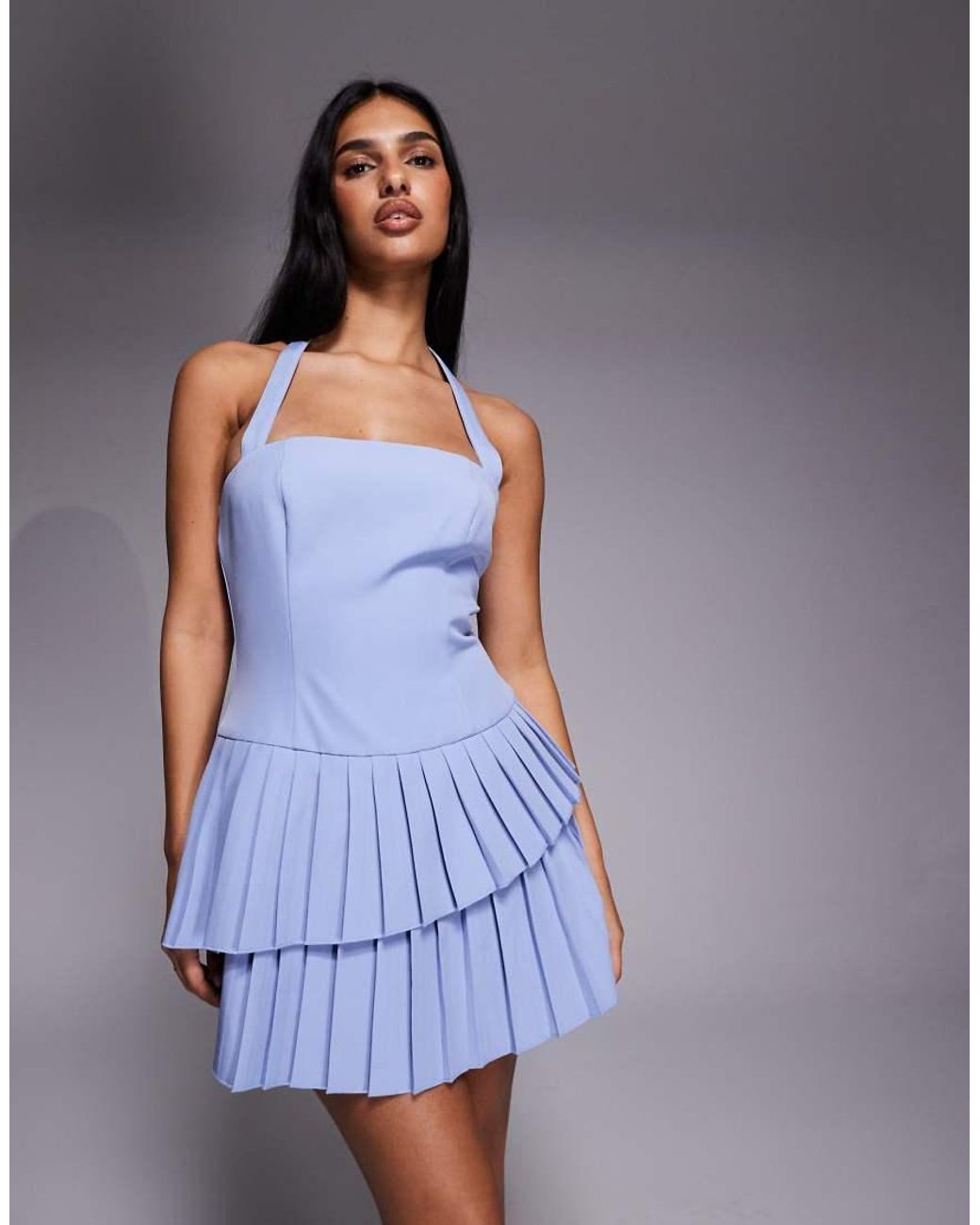 Kaiia Blue Exclusive Tailored Halter Neck Asymmetric Ruffle Tiered Mini Dress